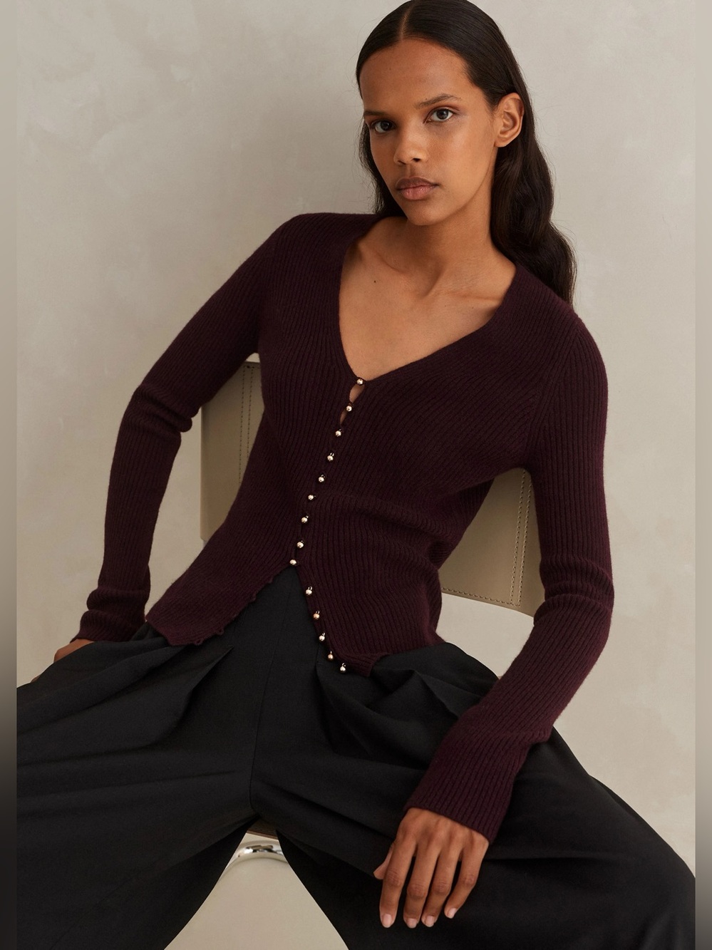 ME+EM Recycled Cashmere Rib Evening Cardigan in Burgundy— Womens Medium